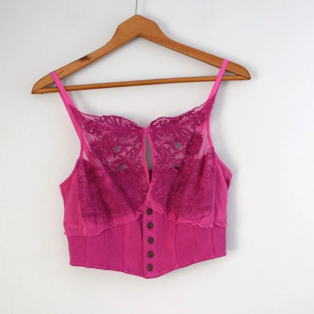 Free People Have My Heart Lace Tank Cotton Crop Top Pink Purple Buttons Summer - Picture 10 of 10